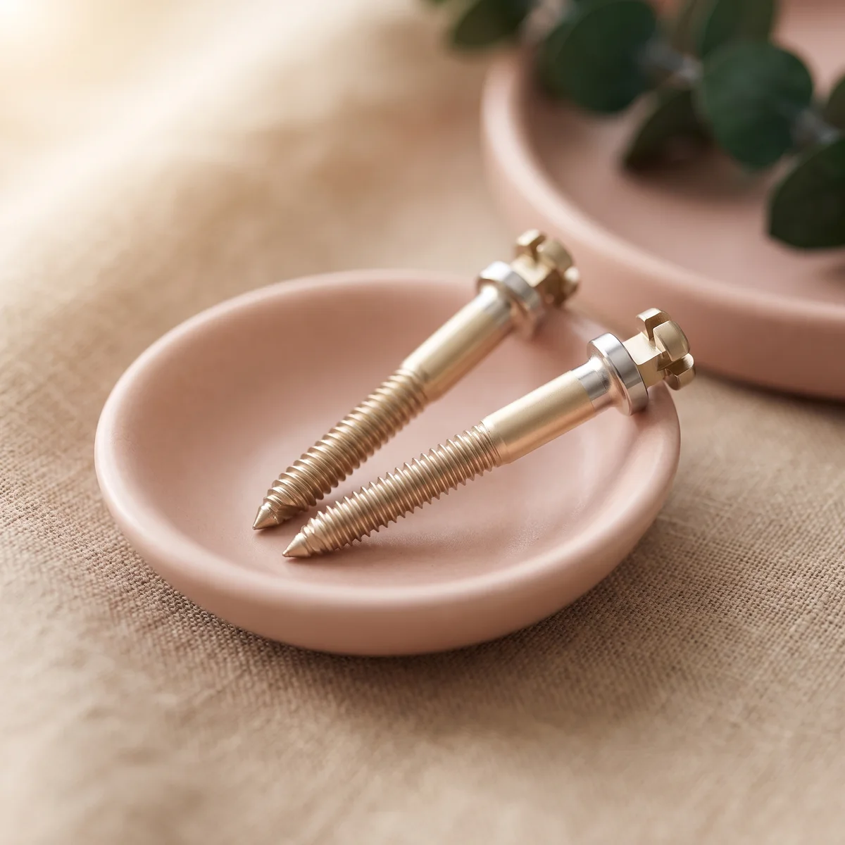 Kleiner Minipin aus Titan auf rosa Keramikschale, illustratives Motiv
